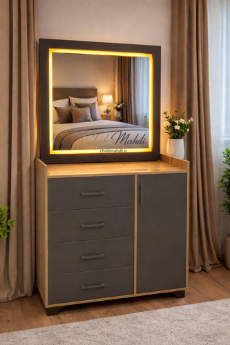 میز آرایش مدرن آینه LED - ترکیب طوسی و چوب با نور مخفی گرم